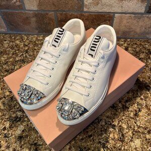 MIU MIU Crystal Toe White Leather Sneakers